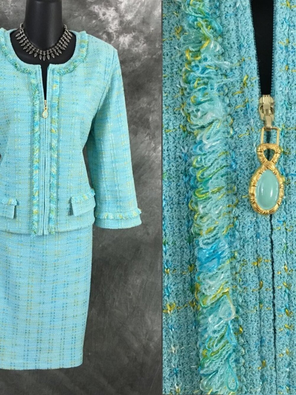 BEAUTIFUL st john collection knit blue multi jacket skirt suit size 6 8